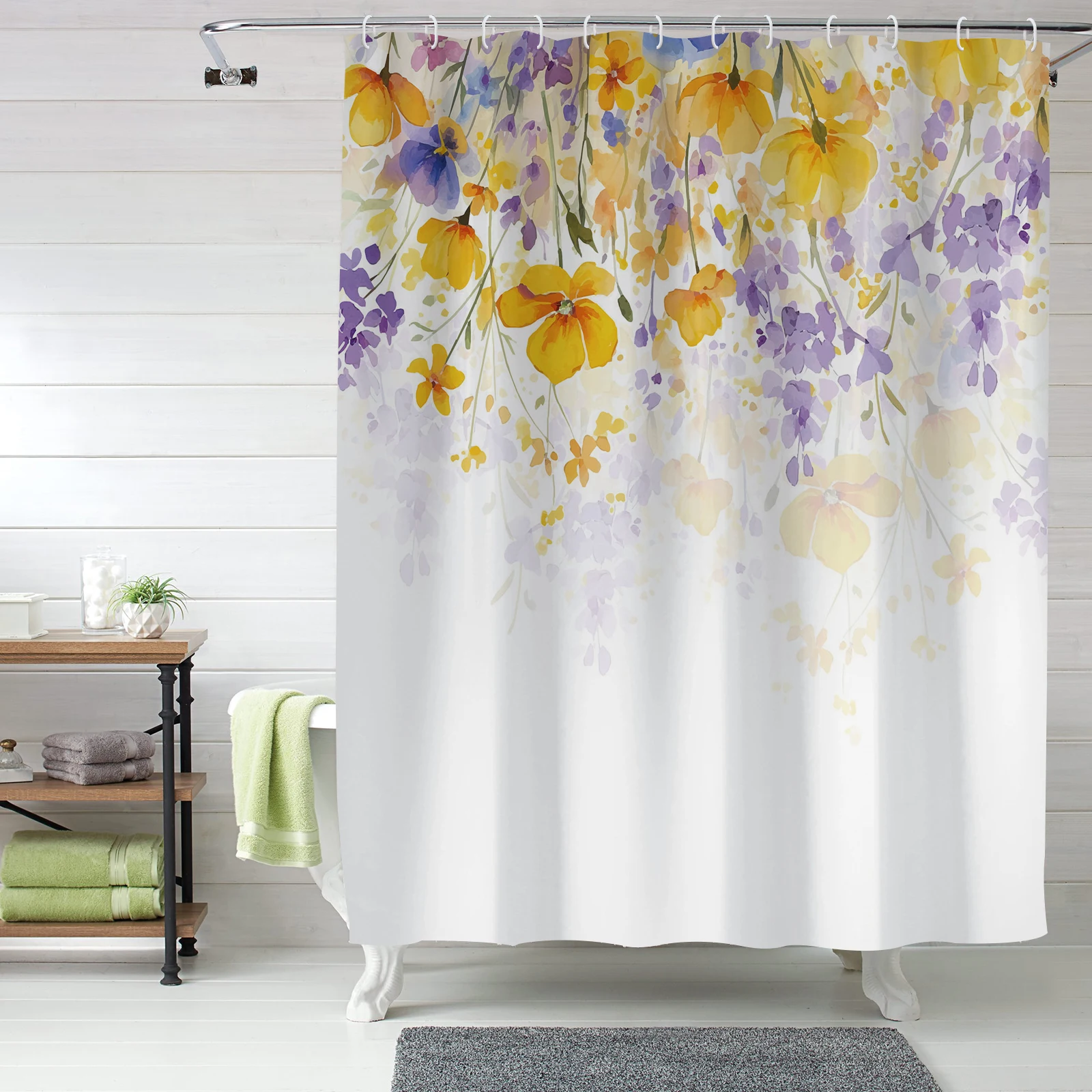 1PC Fresh Leaf Floral Shower Curtain on Top Half, Soft Fabric, Modern Decoration, Non-Slip Bathroom Floor Mat, 12 Plastic Hooks