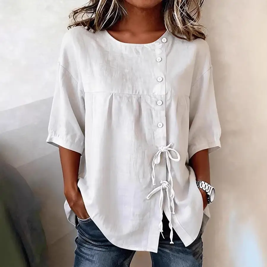 

Elegant Cotton Linen Shirt with Button round Neck mid Sleeve Pure Color Women's Premium Quality Clothing Princess Sleeve Style
