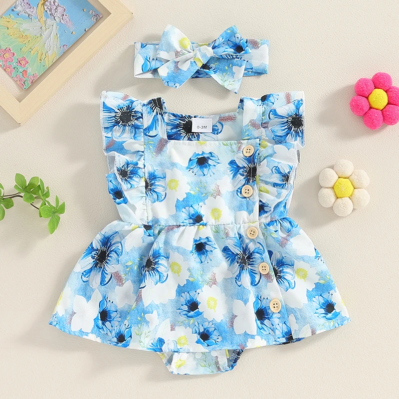 

Tregren 0-18M Infant Baby Girl Flower Romper Dress Newborn Fly Sleeve Square Neck Cute Bodysuits Headband Summer Toddler Outfit