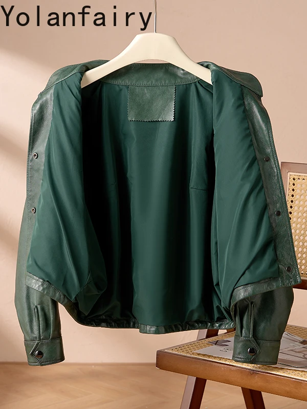YOLANFAIRY Olie-gewaxte Schapenvacht Lederen Jassen voor Vrouw 2025, Korte Vintage Lederen Jas Vrouwen Motorfiets Leren Jas