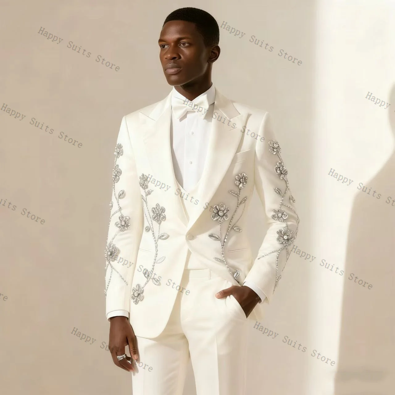 Weißer Kristall-Herrenanzug, 2-teilig, Bräutigam-Blazer + Baumwollhose, Formeller Büroanzug, Hochzeits-Smoking, Maßgeschneiderte Jacke