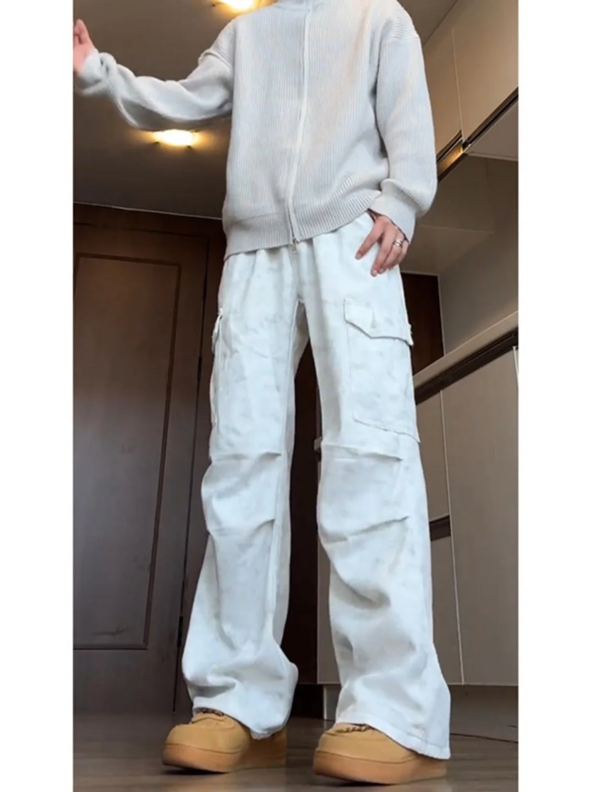 

American Dyed Paratrooper Workwear Pants Men's Autumn Winter Crease White Pants Dra High-End Feeling Flared Jeans