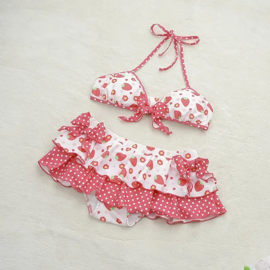 Y2k Summer Cute Pink Sweet Patchwork Sets Cute Bow Design Sexy Lace-up Style Bikini Swimsuit Beach Vaction Clothes 2025 New