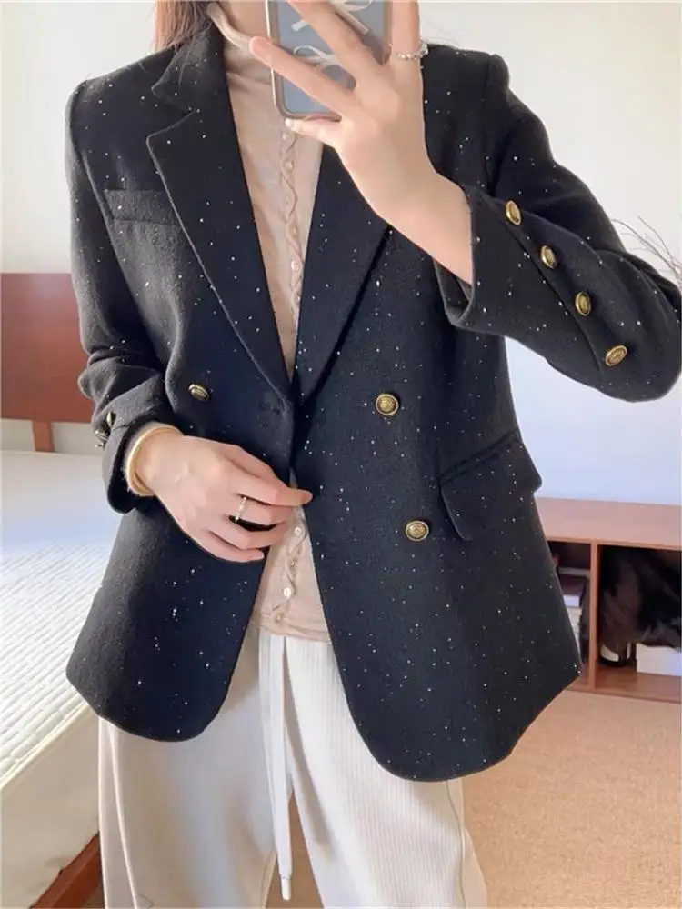 سترة نسائية أنيقة ولامعة للربيع والخريف، تصميم فضفاض متعدد الاستخدامات، ملابس خارجية طويلة الأكمام مناسبة للمكتب