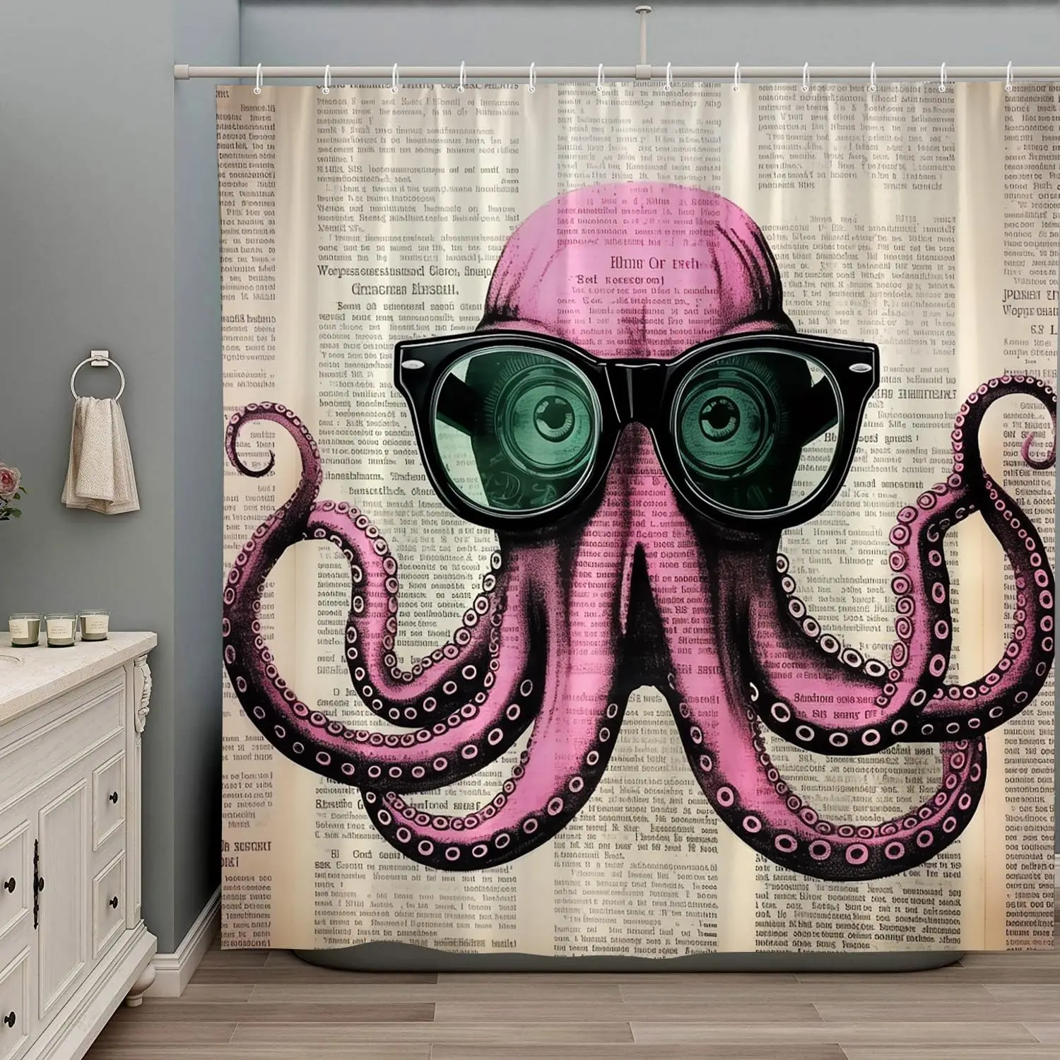 Funny Octopus Shower Curtain Octopus Tentacles Ocean Animal Sea Wildlife Kraken Vintage Old Newspapers Coastal Nautical Cool