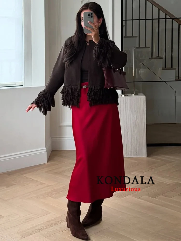 

KONDALA повседневный шикарный женский свитер, однотонный вязаный топ с круглым вырезом и длинными рукавами на одной пуговице и кисточками, модный осенний праздничный свитер 2025 года