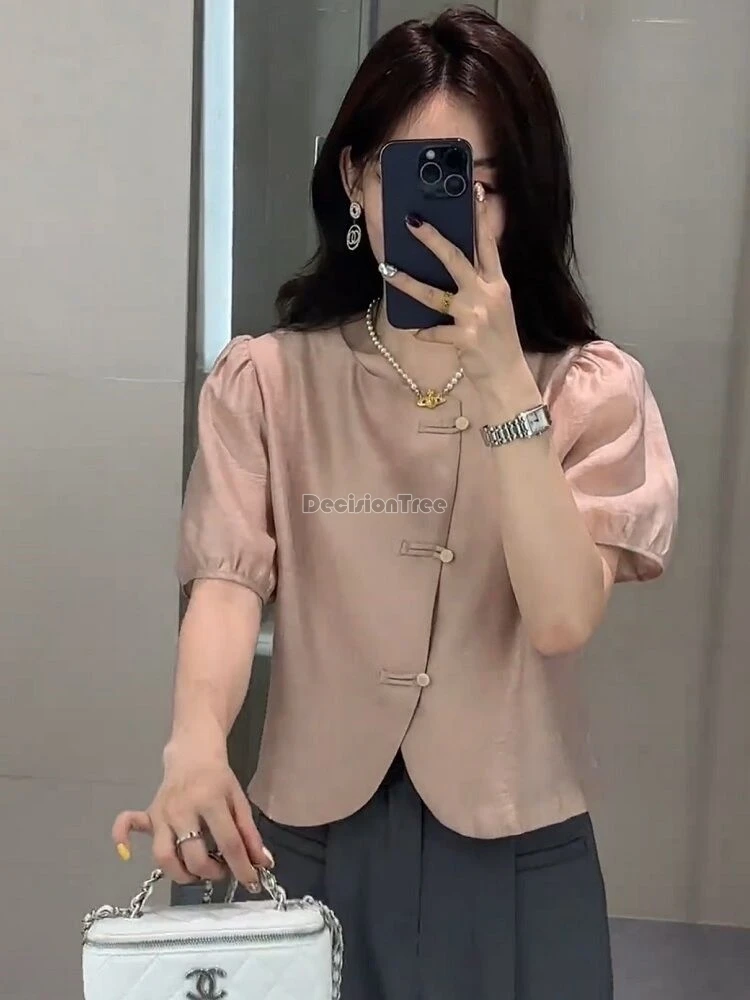 2024 new chinese style vintage tang suit top elegant temperament lady work chiffon blouse sweet puff sleeve slim thin button top