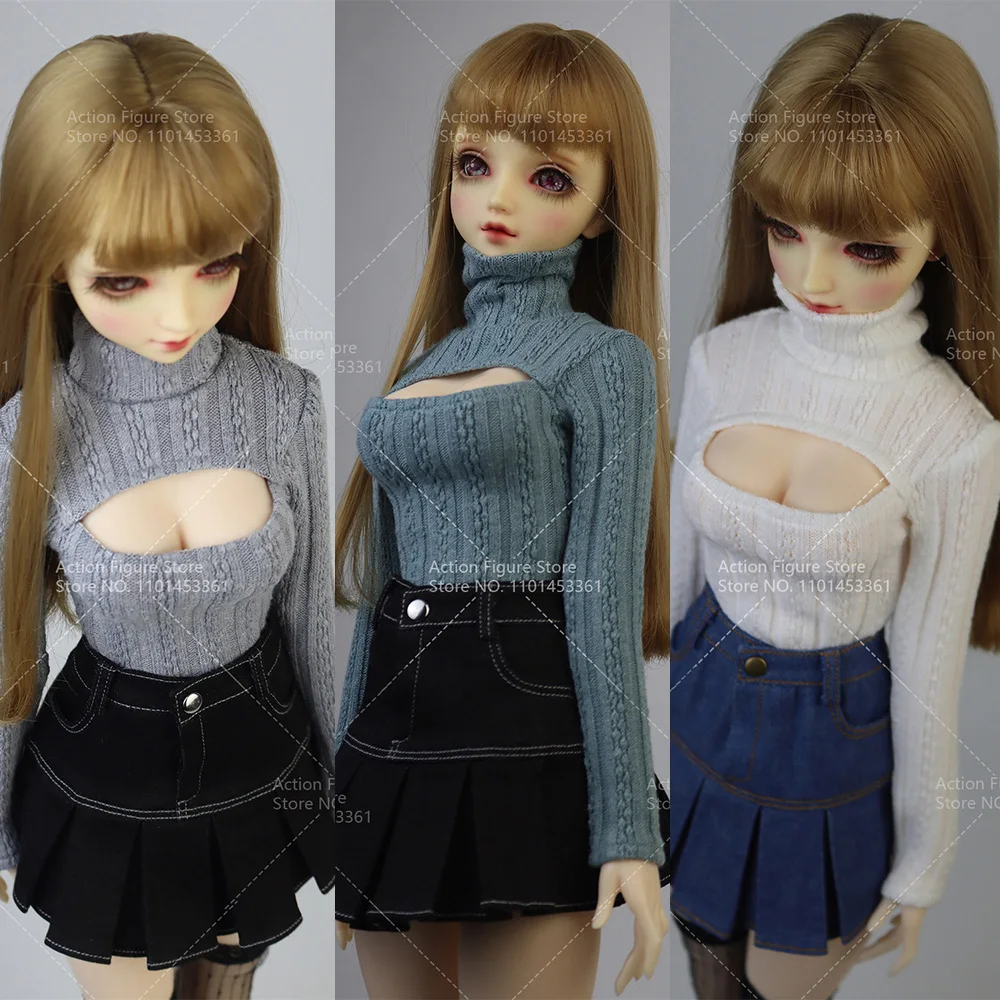 [High Quality] 1/3 1/4 Women Sexy Long Sleeve Turtleneck Hollow Bust Knitted Sweater Pleated Mini Skirt for BJD SD Action Figure