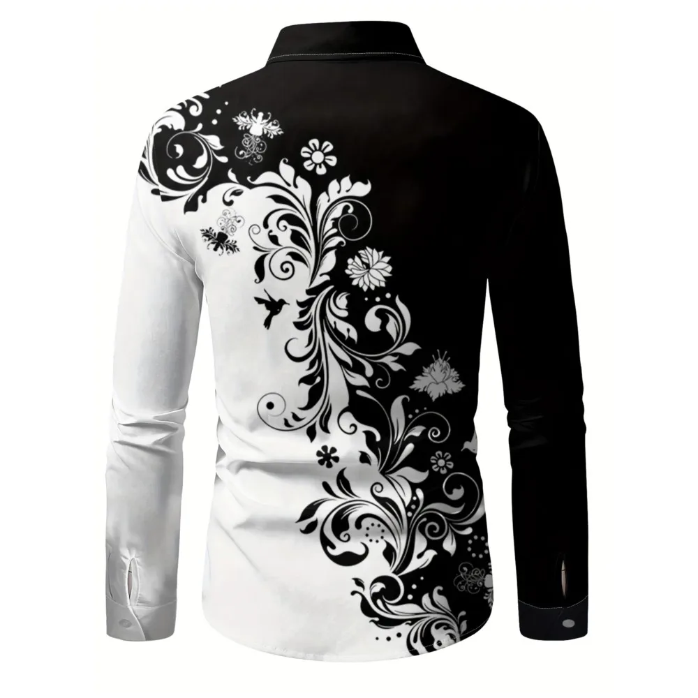 قميص رجالي كاجوال بأكمام طويلة مع طباعة زهور - قميص أسود وأبيض بتصميم بأزرار علوية عادية ملابس كاجوال بطبعة زهور #3