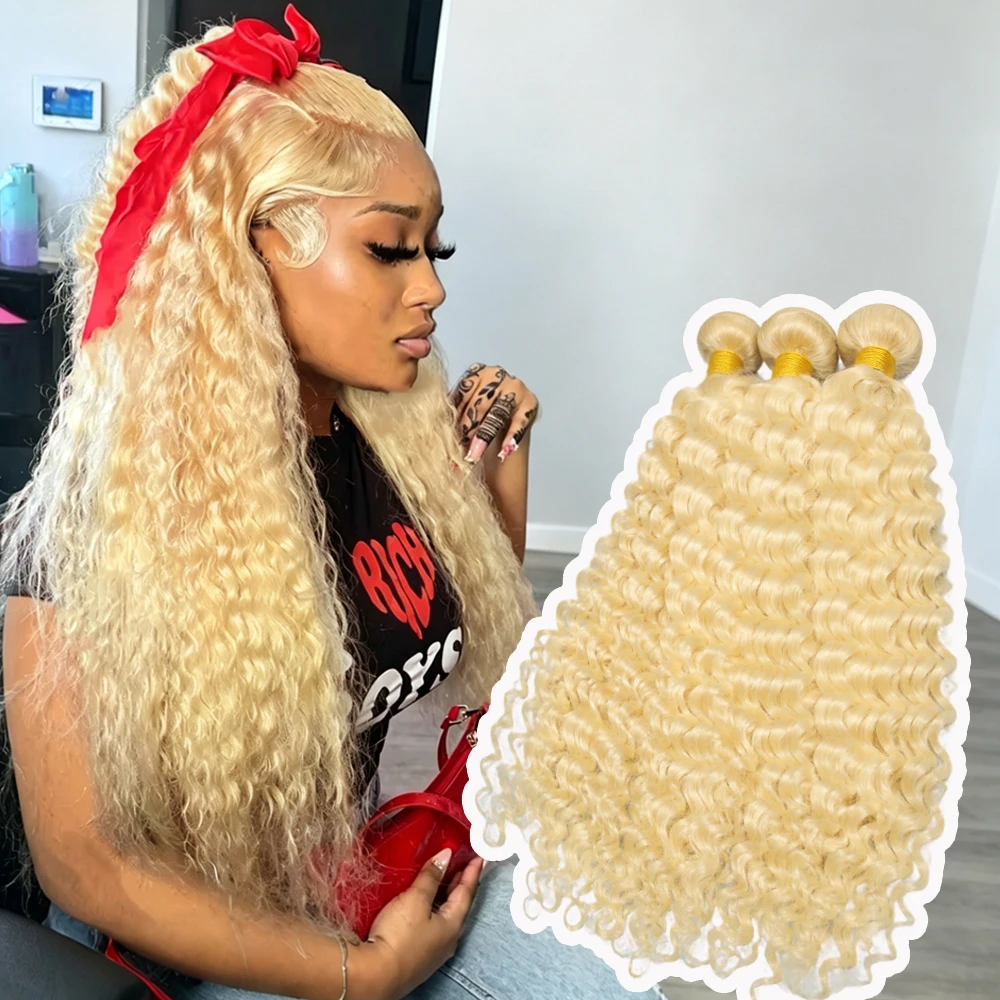 

12A 613 Blonde Deep Wave Human Hair Bundles Unprocessed Brazilian Virgin Hair Extensions Soft Double Weft Weave Curly Deep Wave Bundles Human Hair glueless wig wigs for beginners