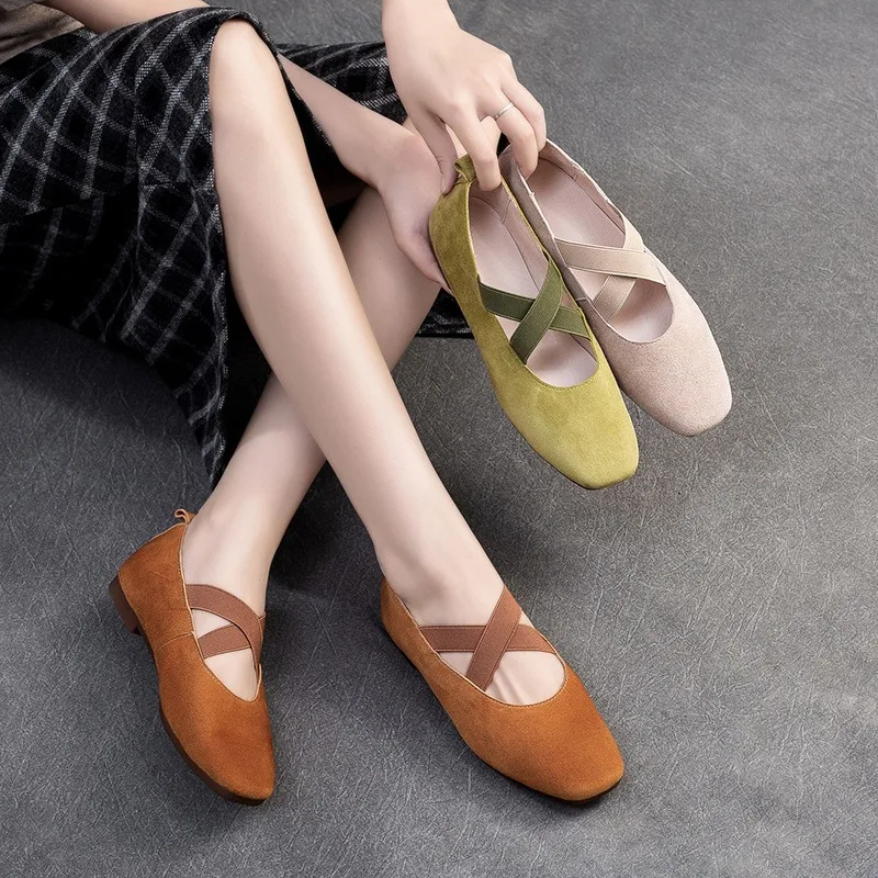 Birkuir Retro Cross Belt Dancing Shoes For Women Flats Mary Jane Elastic Band Shoes Cow Suede Casual Boat Shoes For Ladies