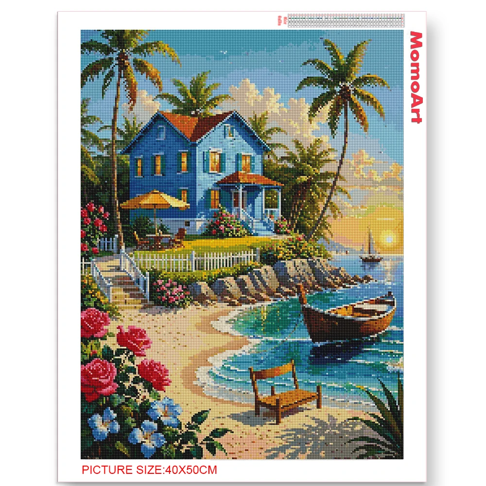 MomoArt New Arrival Diamond Painting House 5D DIY Embroidery Seaside Landscape Wall Art Picture Rhinestone Mosaic Tree Sunset