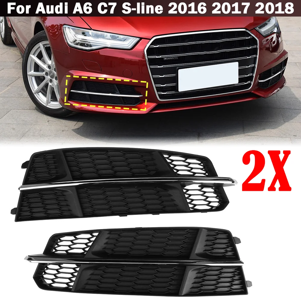 

2x Car Front Fog Light Lamp Cover HONEYCOMB Front Grille Grill Chrome Silver For Audi A6 C7 S-line 2016 2017 2018 Car Styling