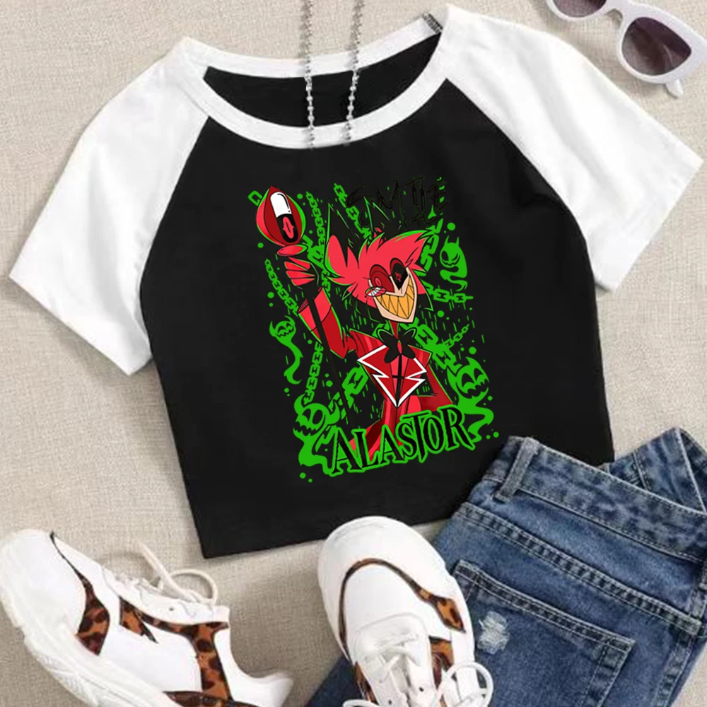 

Hazbin Hotel Alastor Graphic Design Crop Tops T-Shirt Girls Fashion Women O-Neck Short Sleeve