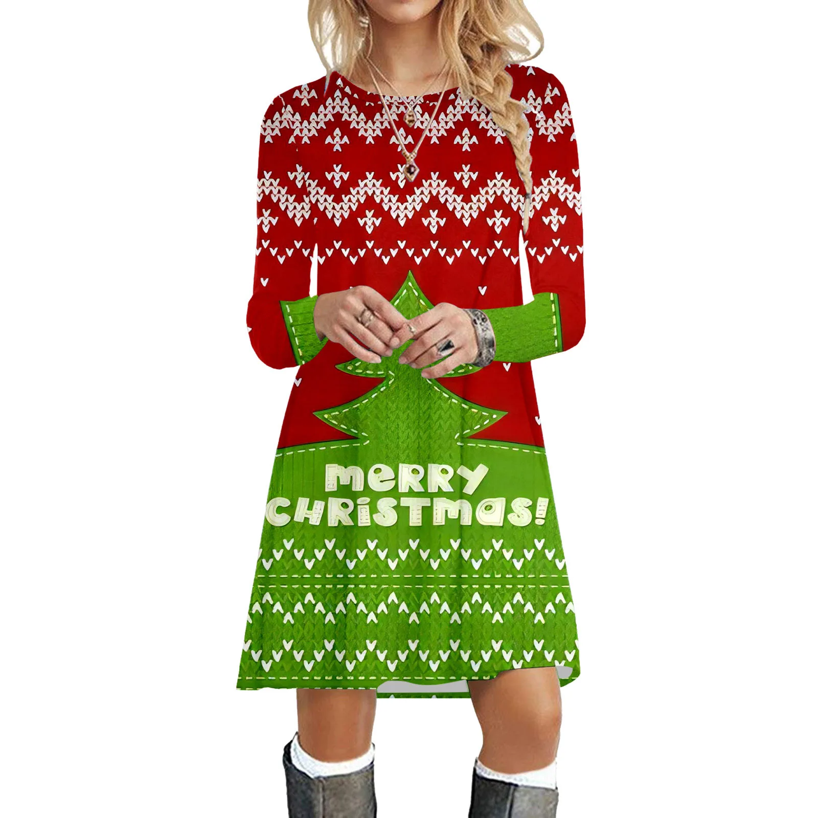 Sukienka damska z nadrukiem choinki, zimowa, nowa, z długim rękawem, okrągły dekolt, luźna sukienka w kształcie litery A, słodka, urocza sukienka mini z motywem Świętego Mikołaja.