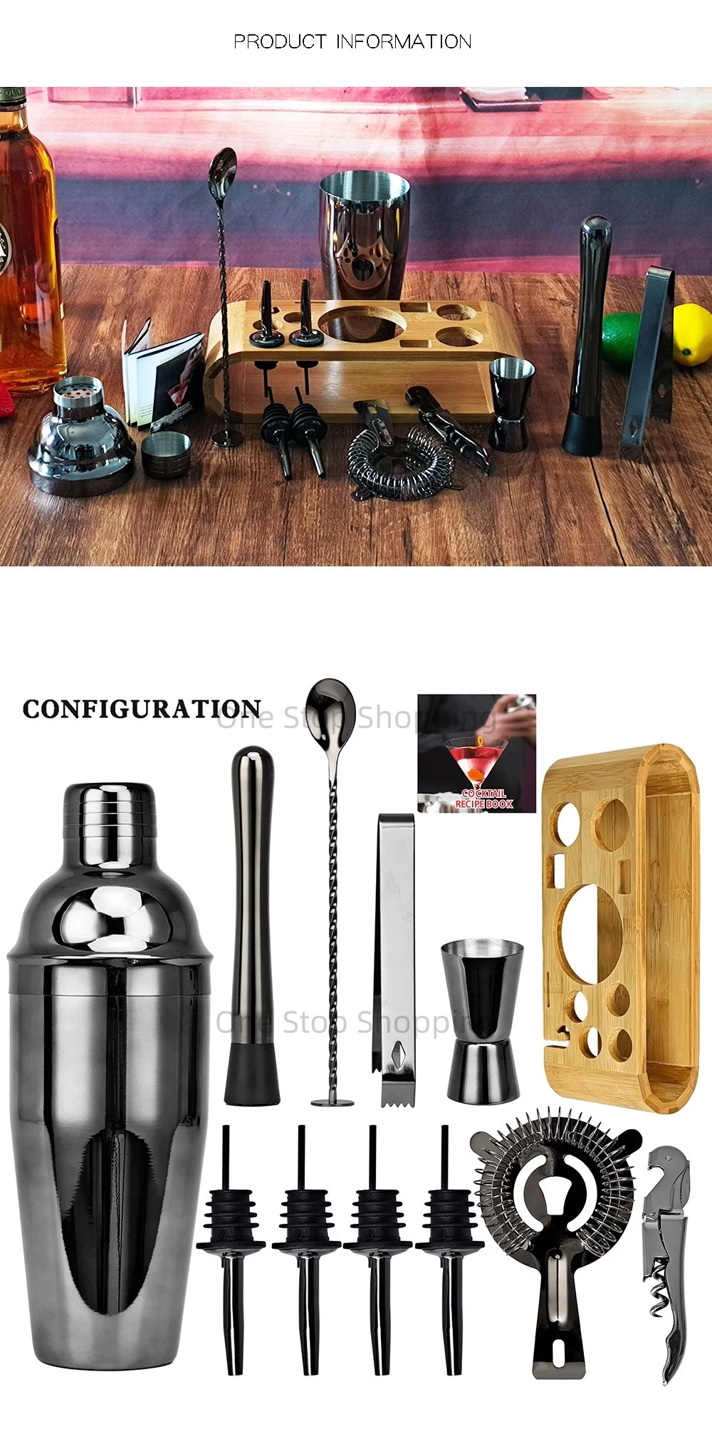 12PCS Cocktail Shaker Set Barkeeper Kit Bar Set Bambus Ständer Matini Shaker Rührlöffel Muddler Jigger Cocksrew für Barware Set – Detail 2