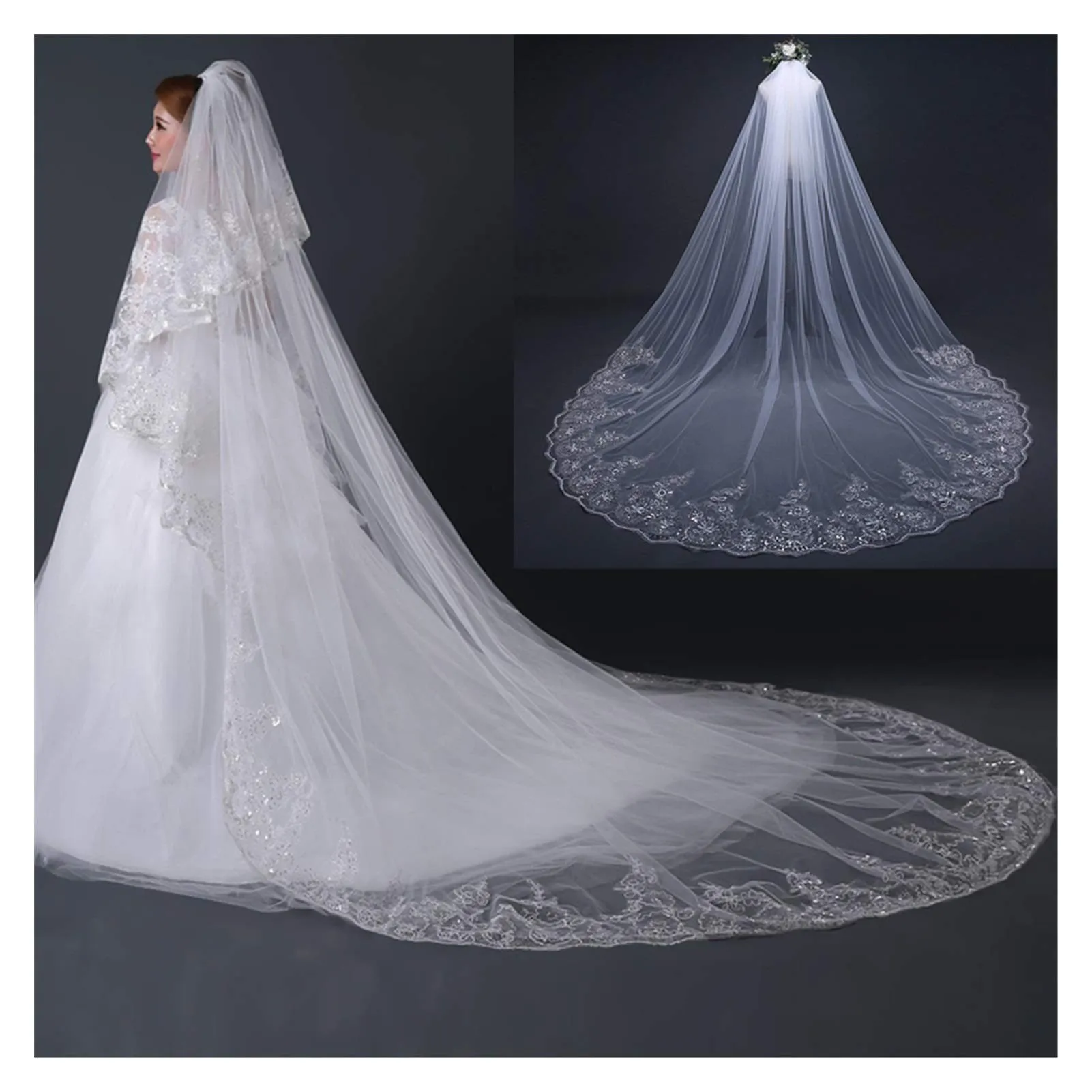 2024 New Ivory 4 Meter Cathedral Wedding Veils  One-Layer Long Lace Edge Bridal Veil with Comb Wedding Accessories