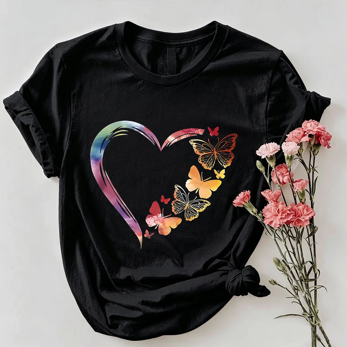 Plus Size Women Gradient Rainbow Heart Outline Butterfly Graphic 100% Cotton Soft Loose Oversized Crew Neck Short Sleeve T-Shirt For Romantic Butterfly Lovers Daily Dating Casual Tops