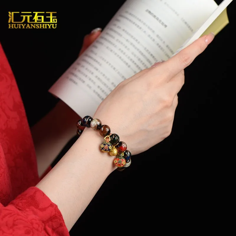 Ethnic-style incense ash glass gold-swallowing beast , traditional multi-treasure couple's Buddhist bead bracelet