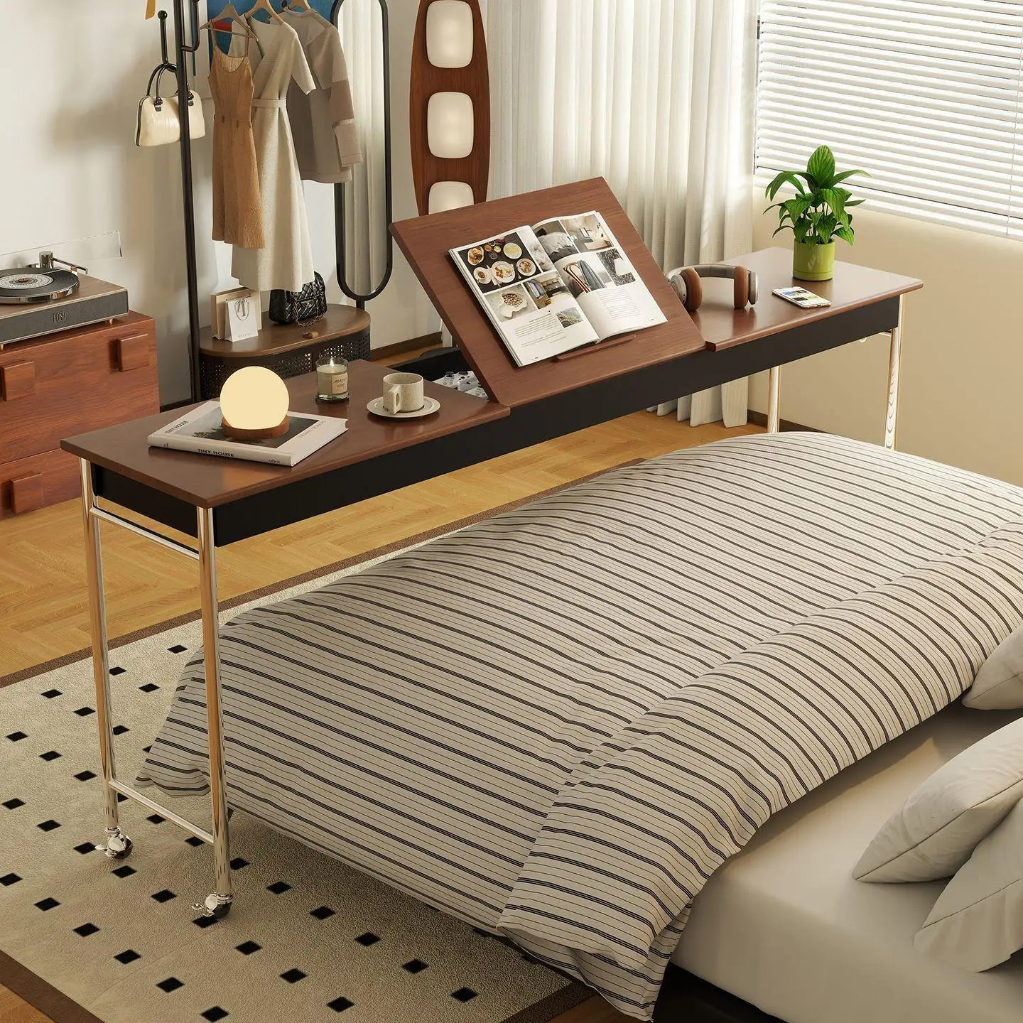 Medieval solid wood bed table household removable desk bedroom long table