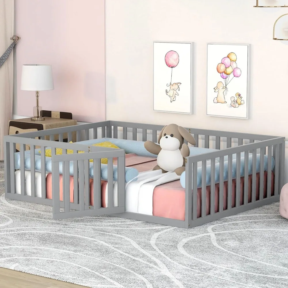 

Bed Frame with High Fence and Door, Queen Floor Bed for Kids, Girls & Boys, Easy Assemble