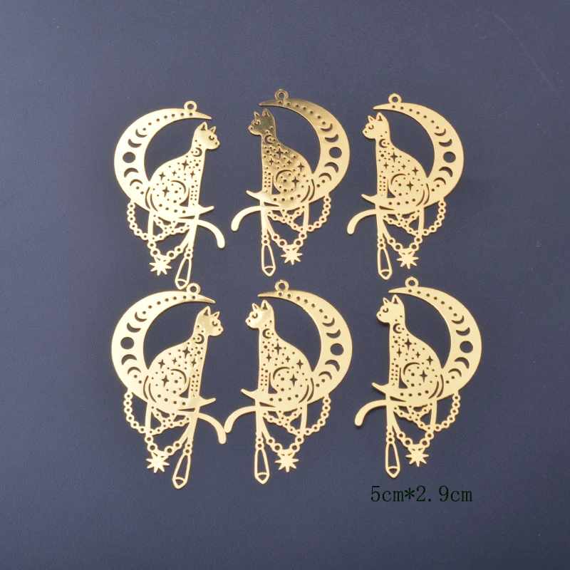 6 uds. De dijes de luna y gato de acero inoxidable de Color dorado, colgante de latón, joyería DIY hecha a mano