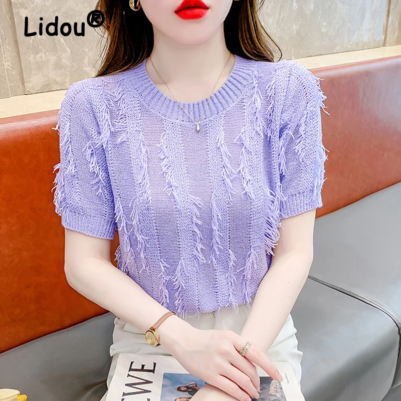 

Women Clothing 2024 Summer Korean Fashion Tassel Design Short Sleeve Knitwear Female Elegant Solid Round Neck Slim Pullover Tops