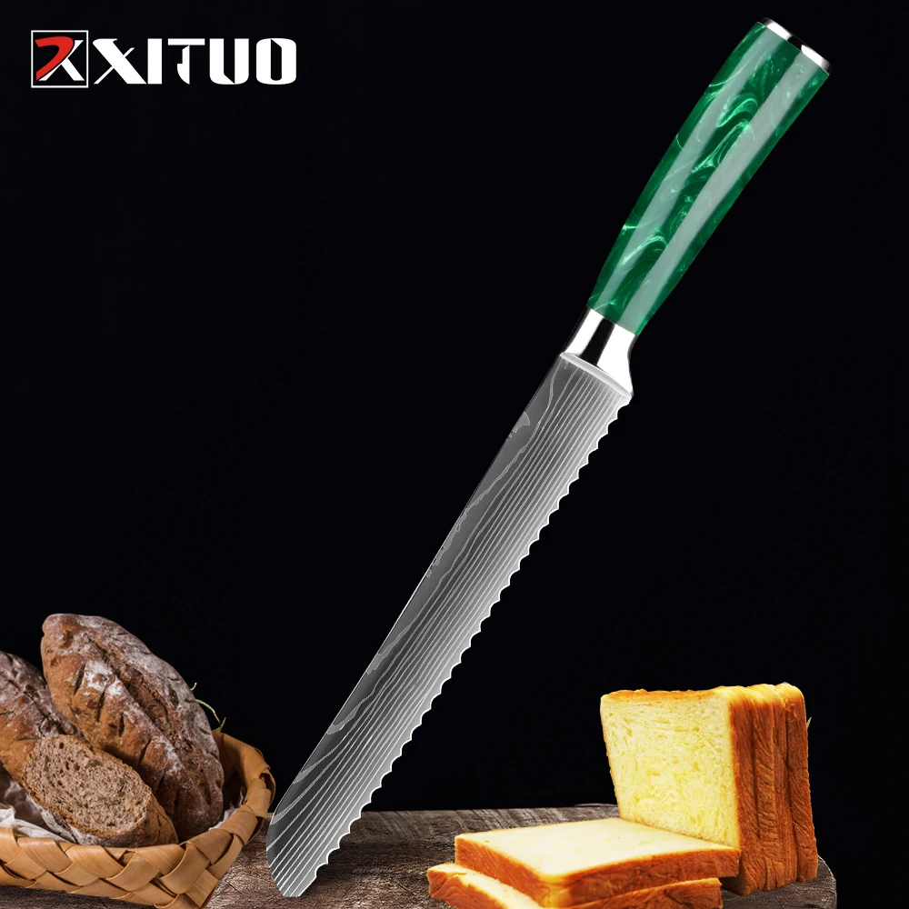 

XITUO Bread Knife Profesional Japanese Kitchen Blue Resin Handle 7CR17 Damascus Pattern Serrated Chef Slicing Utility Knives