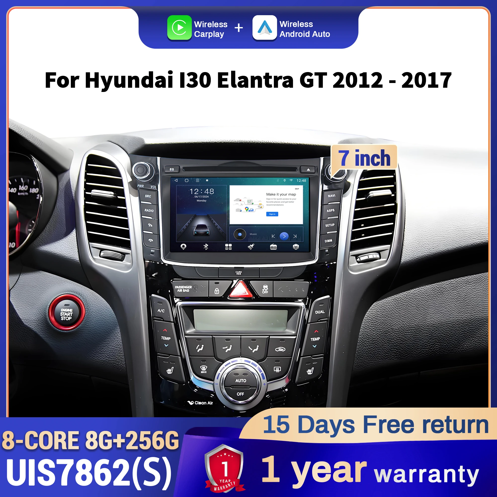 7 inch Android 14 Car Radio For Hyundai I30 Elantra GT 2012 2013 2014 2015 2016 2017 Wireless BT CarPlay Head Unit Screen Stereo