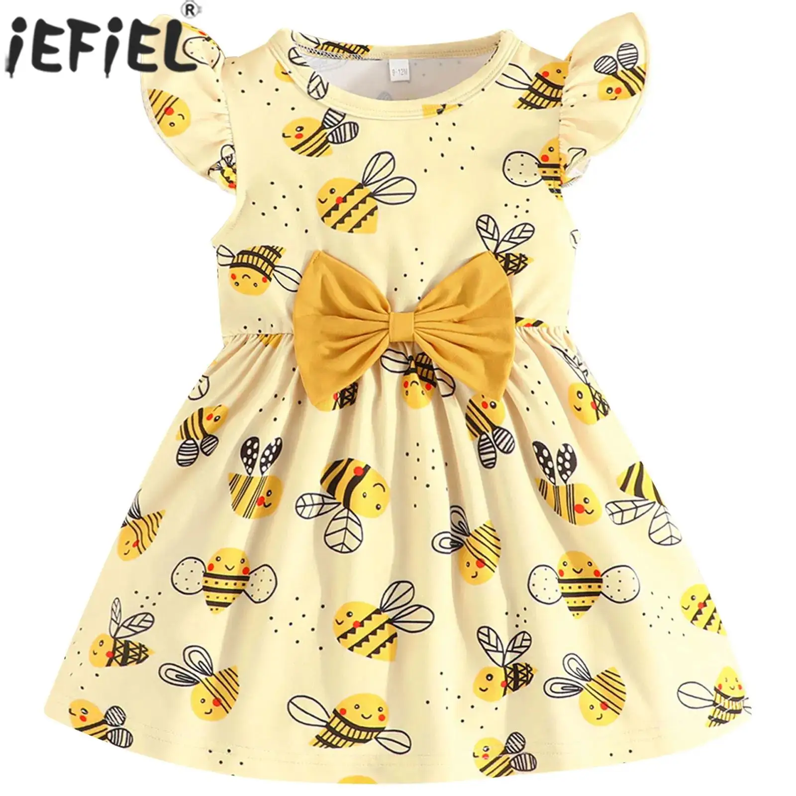 6M-3Y Baby Girls Summer Casual Dress Fly Sleeve Flower Print Bow A-line 2Pcs Set Sundress for Birthday Party Daily Street Wear