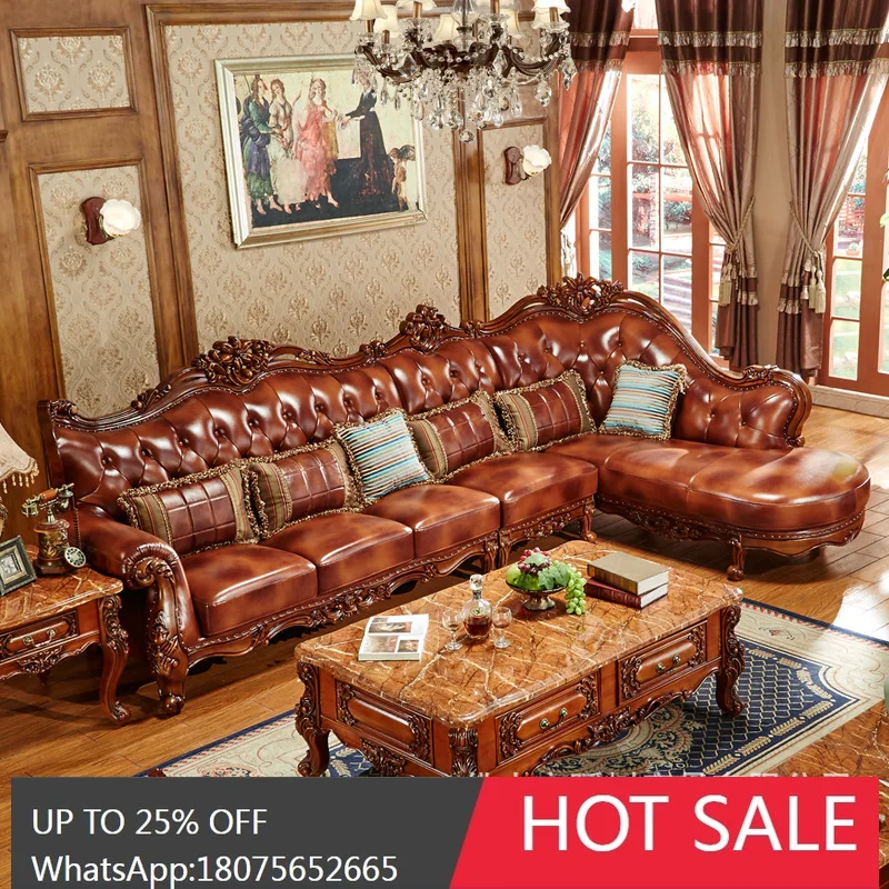 

SGF European Style Corner Sofa Genuine Leather L-Shaped Sofa Solid Wood Carved