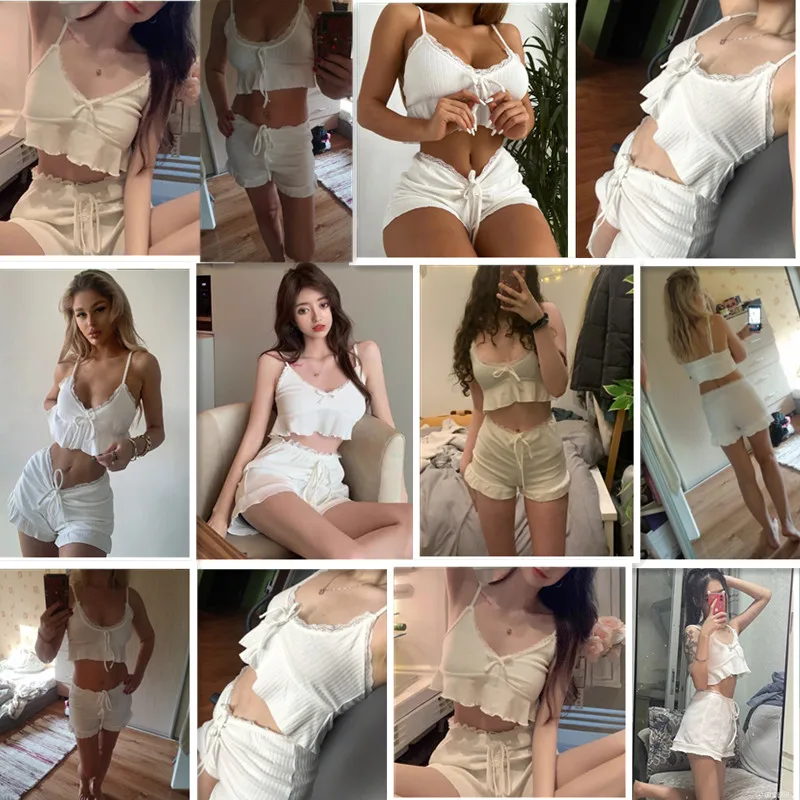 CNYISHE Summer Sexy Lace Set Women Suits Fashion Solid Tracksuit V-neck Costume Two Pieces (Tops+Shorts) Outwear Sets For Female