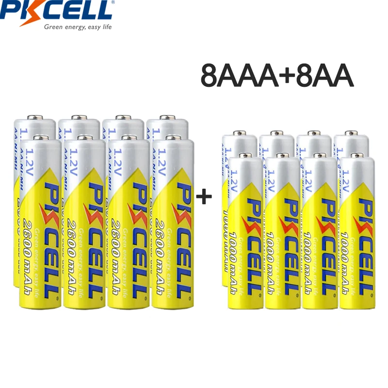 PKCELL 4Pcs 2600mAh AA rechargeable Batteries +4Pcs AAA Batteries 1000mAh 1.2V NI-MH AA AAA Rechargeable Battery for Camera toy