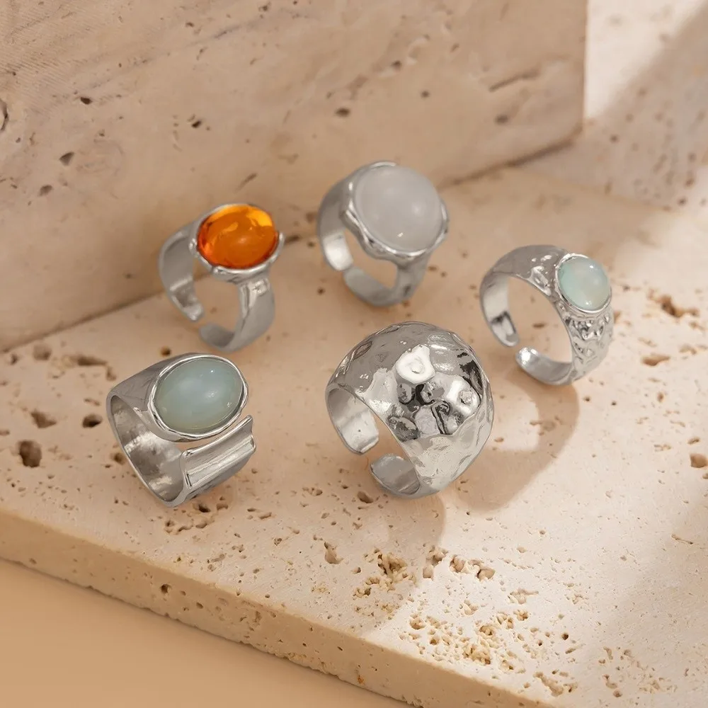 5pcs/7pcs Vintage Opening Rings Set Stackable Adjustable Chunky Smooth Rings Gold Acrylic Embedded Retro Metal Ring