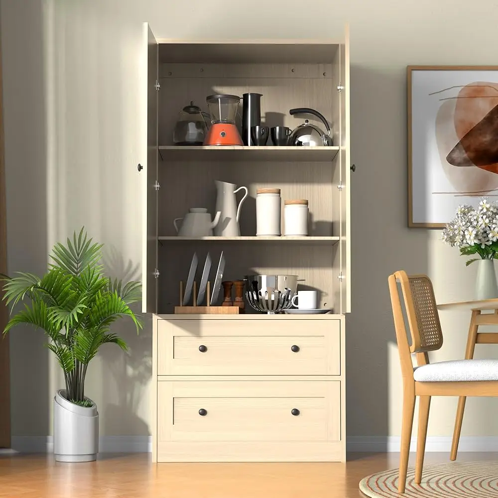 Rattan Oak Kitchen Pantry, Storage Cabinet With Adjustable Shelf For Living Room, Kitchen