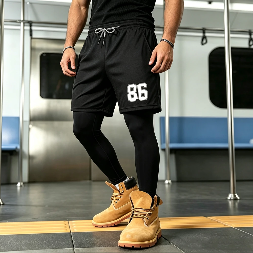 Men's Double Layer Athletic Pants Number 86 Print Outer Shorts Tights Liner Trousers Multi-Pocket Drawstring Running Leggings