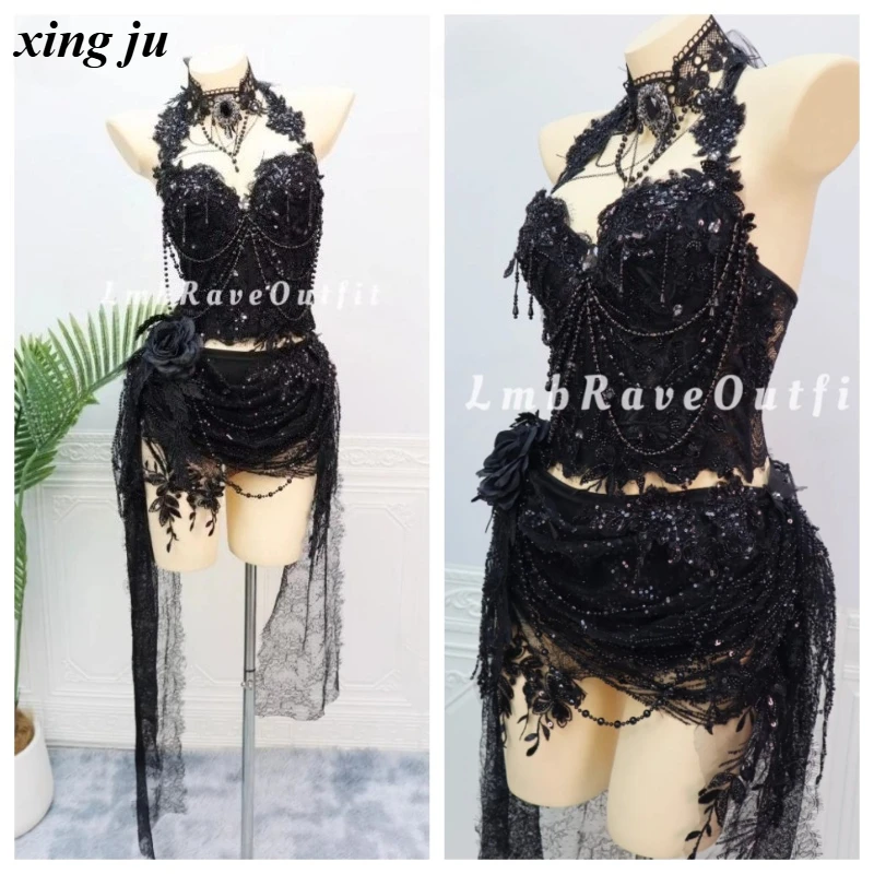 Xing Ju Maßgeschneiderte Luxus-Diamant-Perlen-Quasten-Neckholder-Tops Netzshorts Nachtclub-Party-Performance-Kostüm Sänger Bühnen-Tanz-Outfit