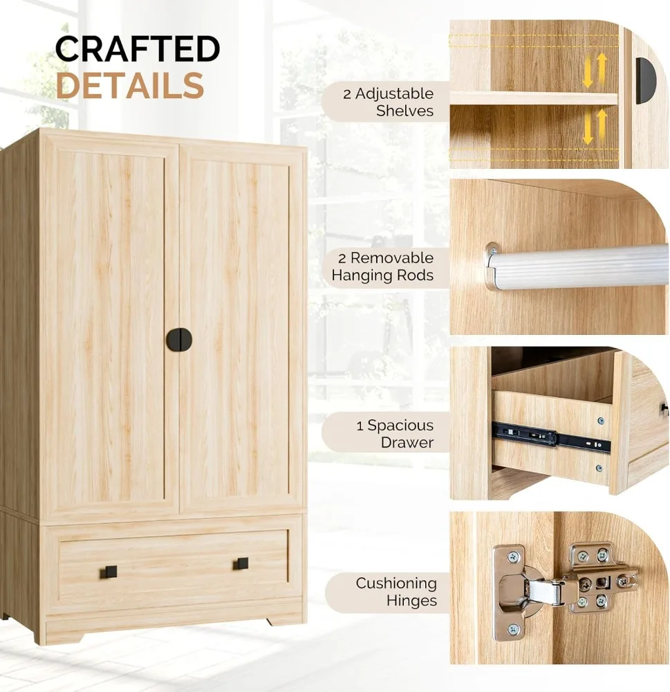 Armadio, armadi e armadi con ante, asta sospesa, ripiani e cassetti, armadio guardaroba indipendente