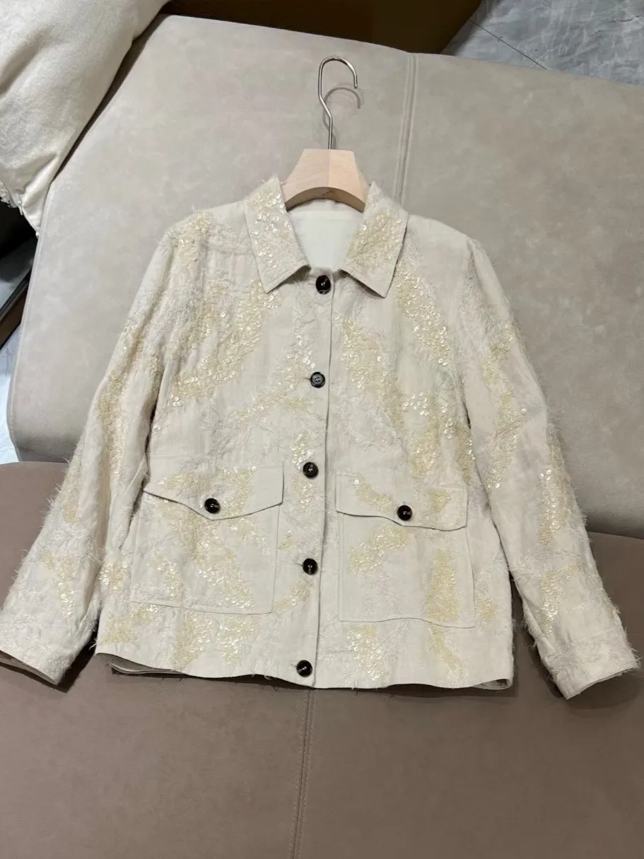 

Sequined Jacket for Women 100% Linen Turn-down Collar Long Sleeve Single Breasted Fashion Ladies Coat