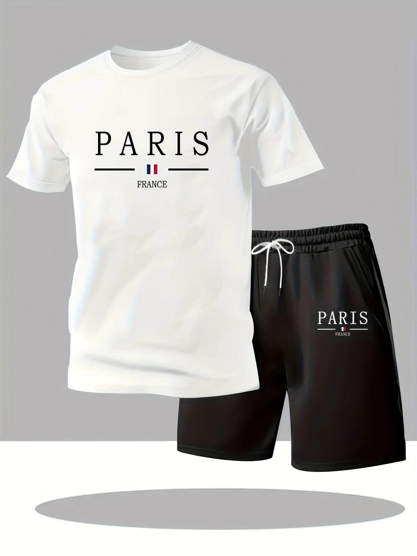 Men 2 Piece Summer Outfit Set Paris France Letter Print Short Sleeve T-shirt & Drawstring Shorts Casual Sports Tracksuit