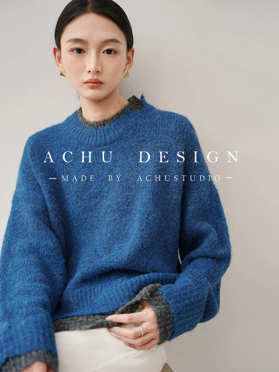 

Loose Women's Blue round Ne Knitted Sweater Soft Cozy Inner Wear Fake Two-Piece Comfortable Lazy Sle Winter Faion