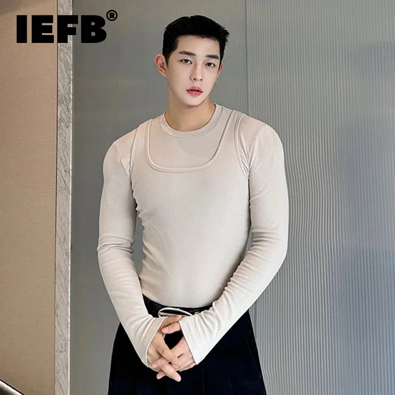 IEFB Casual Slim Male T-shirt Vest Two-piece Set Round Collar Long Sleeve T-shirts Solid Color Sleeveless Tank Top New 9C3856