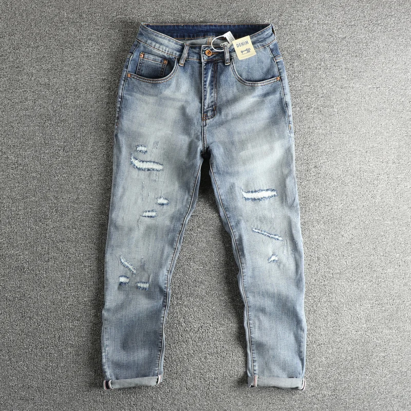 Light Luxury Men's Clothing Retro Trend Patched Ripped Jeans Men's Skinny Spring Summer High-end Long Pants