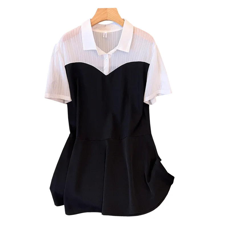 Plus Size 170Kg Women Bust 170 Summer Loose Short Sleeve Irregular Splice Shirt-dress Black 5XL 6XL 7XL 8XL 9XL 10XL