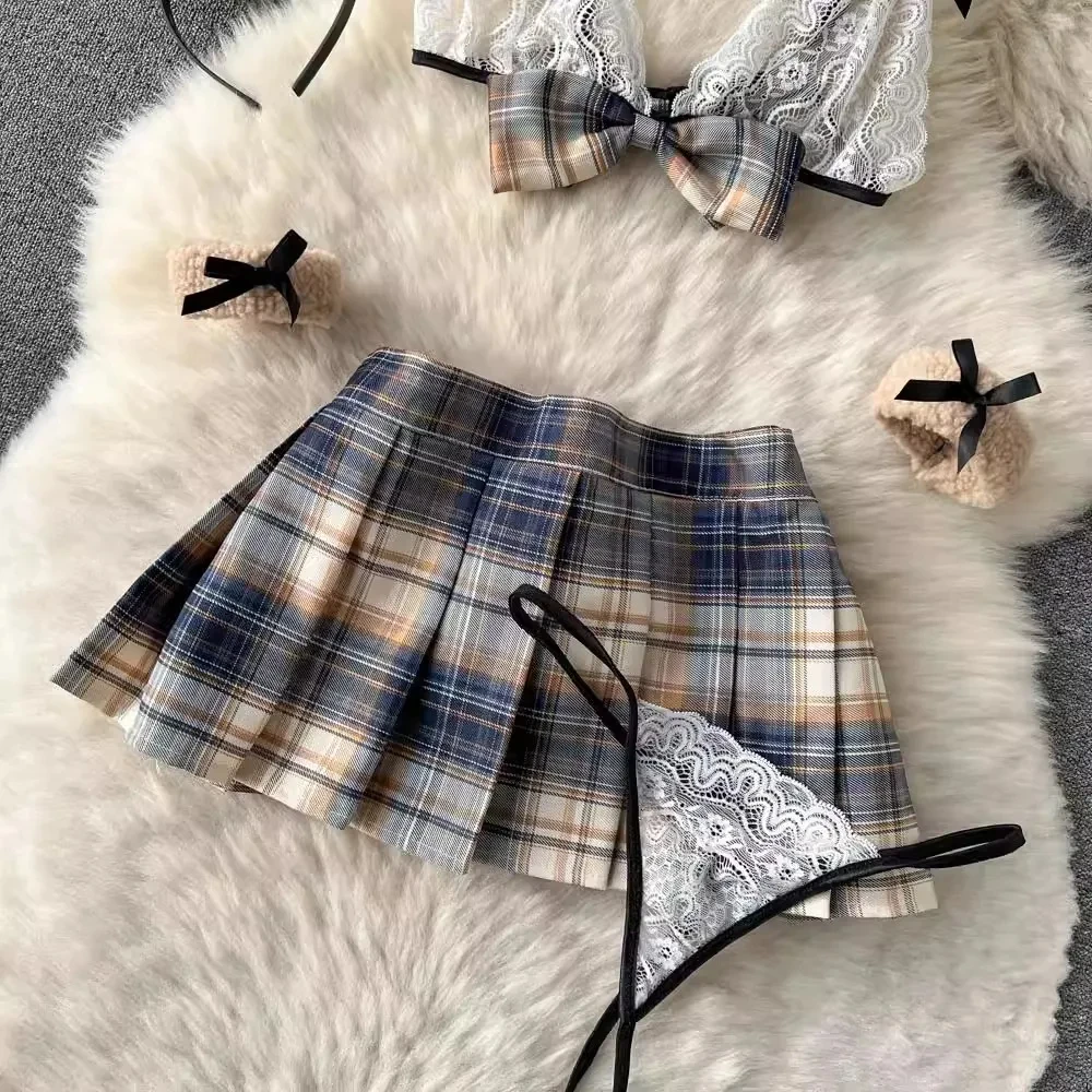 New Hotsweet 5 Pieces Sets Short Skirt Sailor Chic Women\'s Dress Sexy Pleated Suits Lace Bra Brief Plaid Mini Skirt Preppy Ins