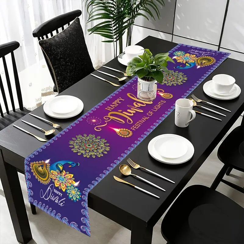 VIKAMA Happy Diwali Table Runner Ethnic Peacock Tablecloth for Kitchen Dining Room Home Festival Decoration