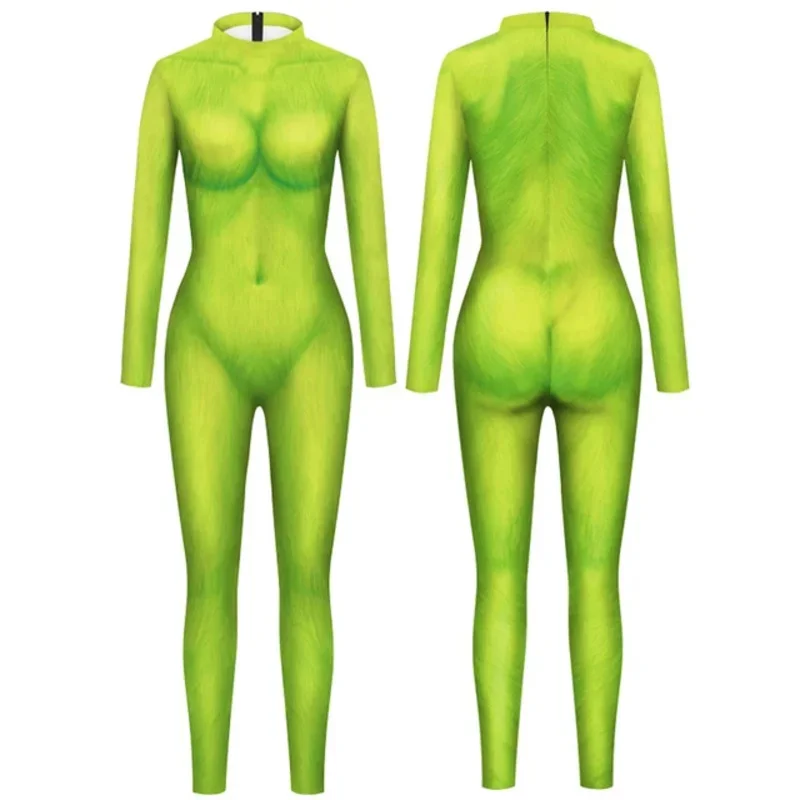 تأثيري الأخضر الرجل نمط زي عيد الميلاد المرأة بذلة ثلاثية الأبعاد طباعة عيد الميلاد ملابس للحفلات Zentai دعوى عطلة مثير Catsuit