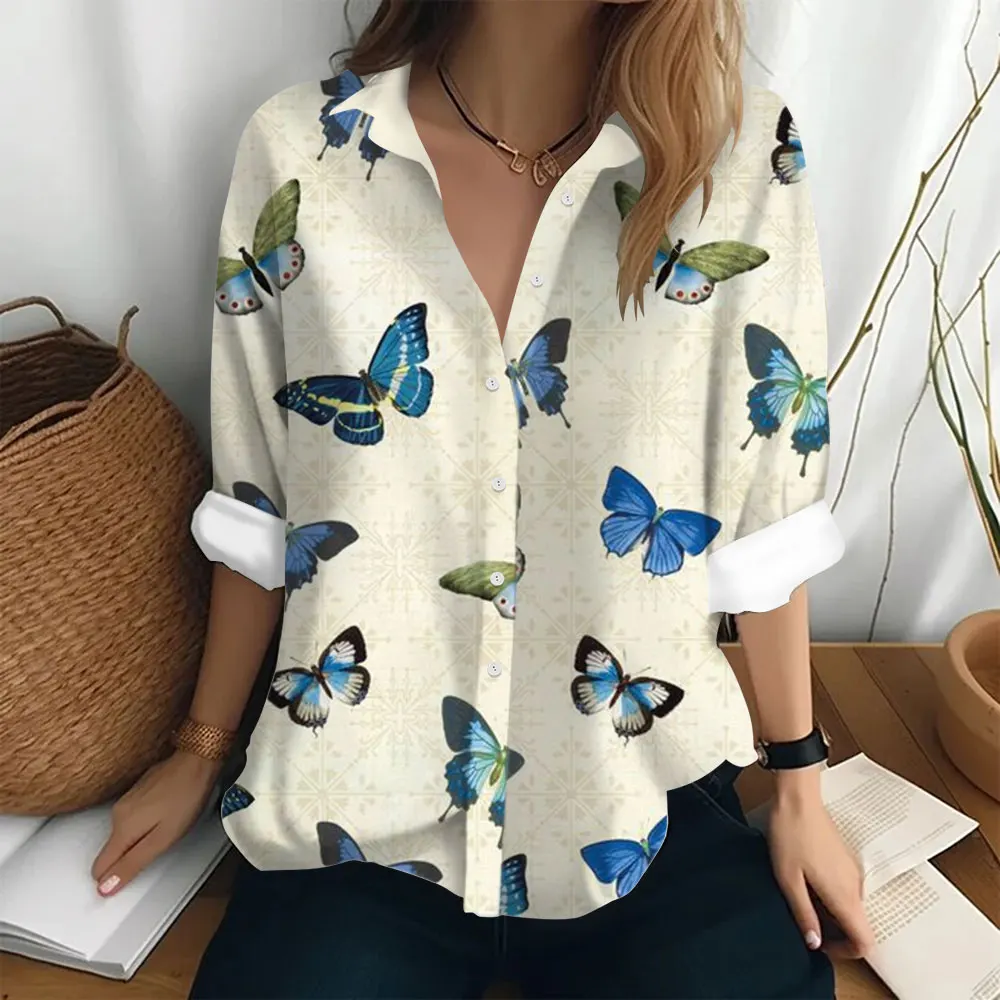 New Women's Fashion Shirt Clothing Loose Lapel Button T-shirt Butterfly Print Open Front Shirt Party Women's Elegant T-shirt