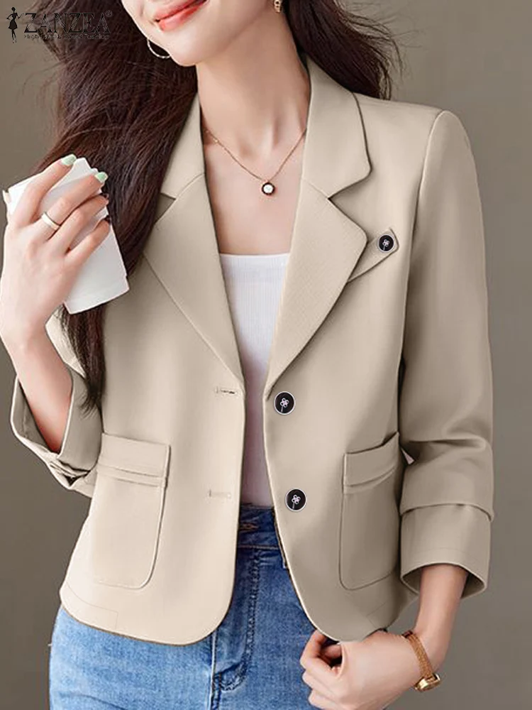 ZANZEA Women Lapel Neck Suit Jackets Solid Long Sleeve Casual Office Lady Thin Blazer Elegant 2025 Spring Commute Short Blazer