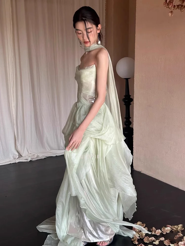 Gaun Malam Pesta Mint Verngo Gaun Acara Formal Berlipat Putri Duyung Tanpa Tali Wanita Gaun Prom Punggung Terbuka Berkilau Elegan Dapat Disesuaikan